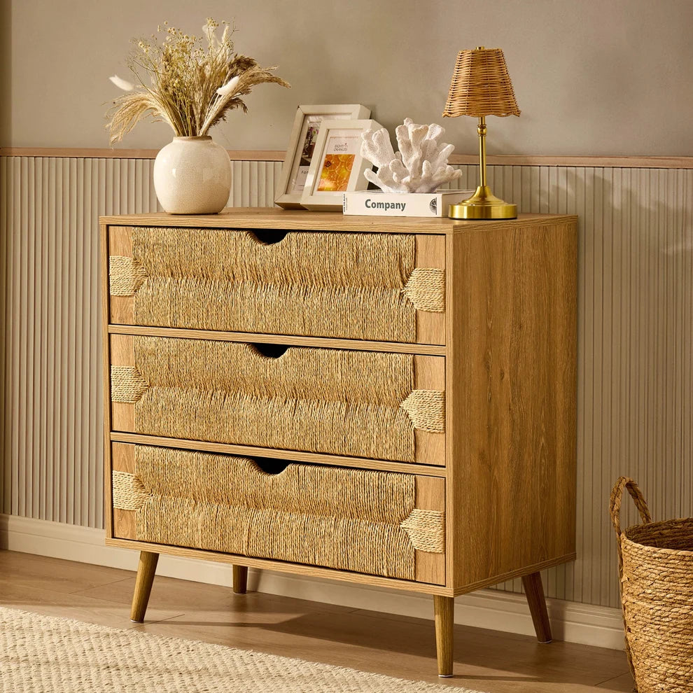 Light Wood 3 Drawer Chest with Woven Front & Wooden Legs furnitell