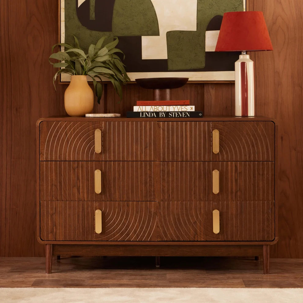 Walnut Brown Fluted 6 Drawer Chest Furnitell