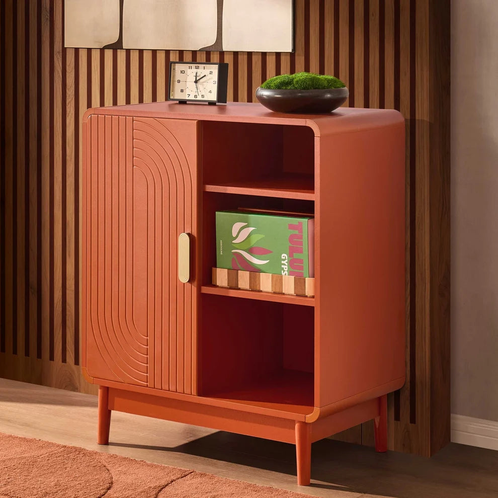Burnt Orange Wooden Bookcase with 1 Door & Open Shelves furnitell