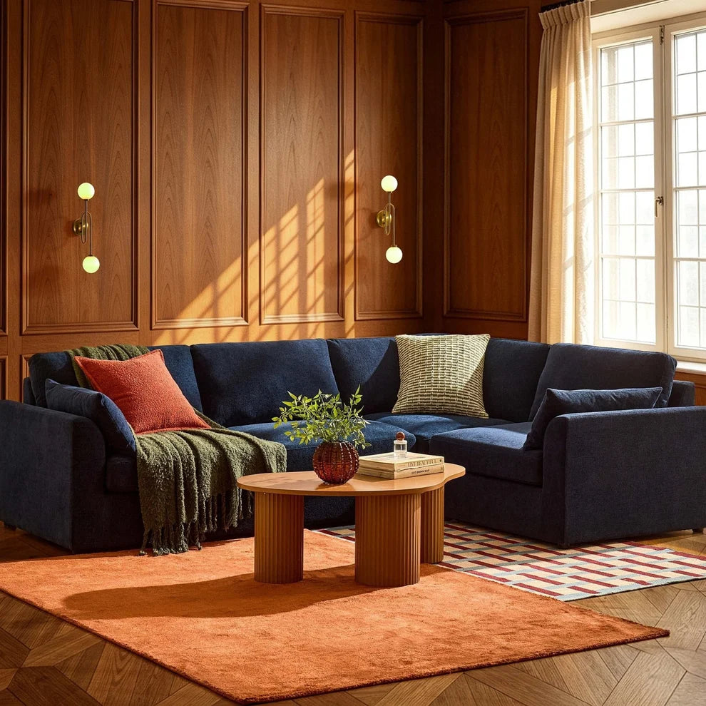 Navy Blue L Shaped Sofa with Right Hand Chaise & Plush Cushions furnitell
