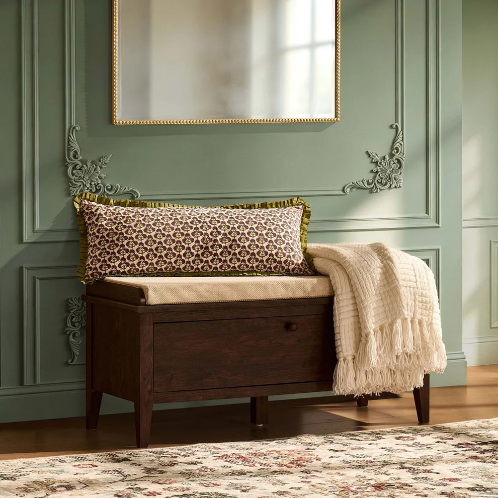 Walnut Storage Bench with Cushioned Seat & Front Drawer Furnitell