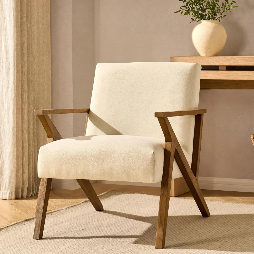Cream Accent Chair with Linen Upholstery & Wooden Armrests furnitell