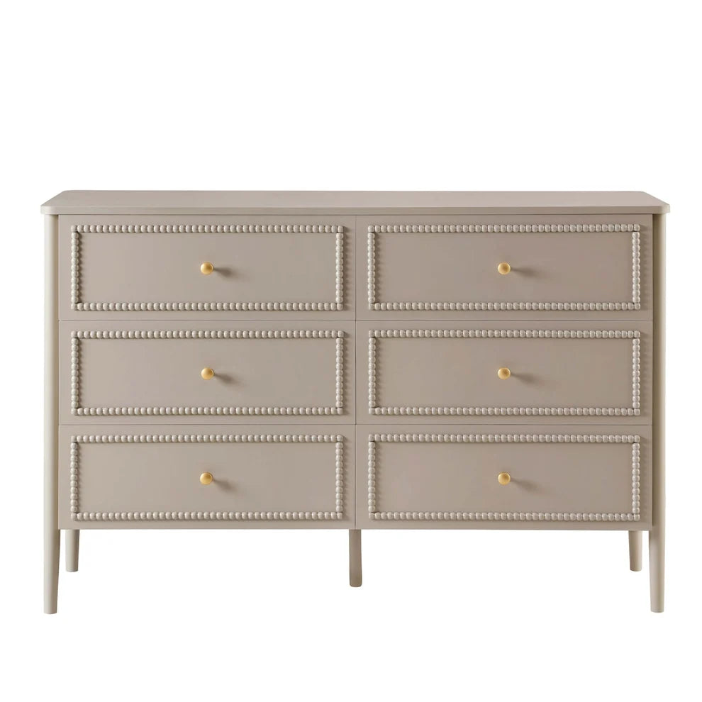 Taupe 6 Drawer Chest with Beaded Detail & Gold Knobs Furnitell