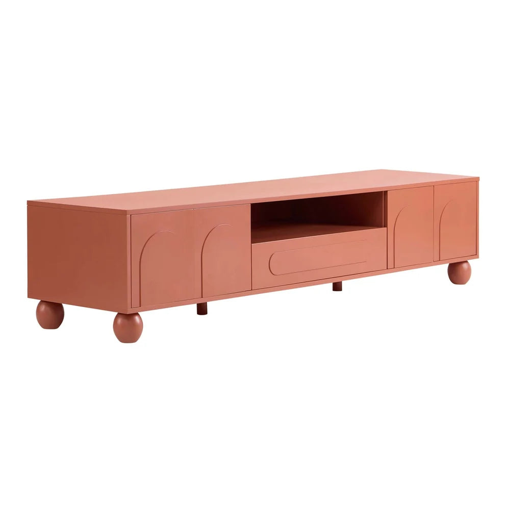 Terracotta Wooden TV Unit with Arch Front Doors & Open Shelf furnitell