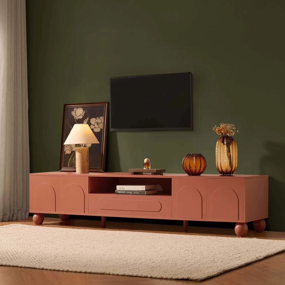 Terracotta Wooden TV Unit with Arch Front Doors & Open Shelf furnitell
