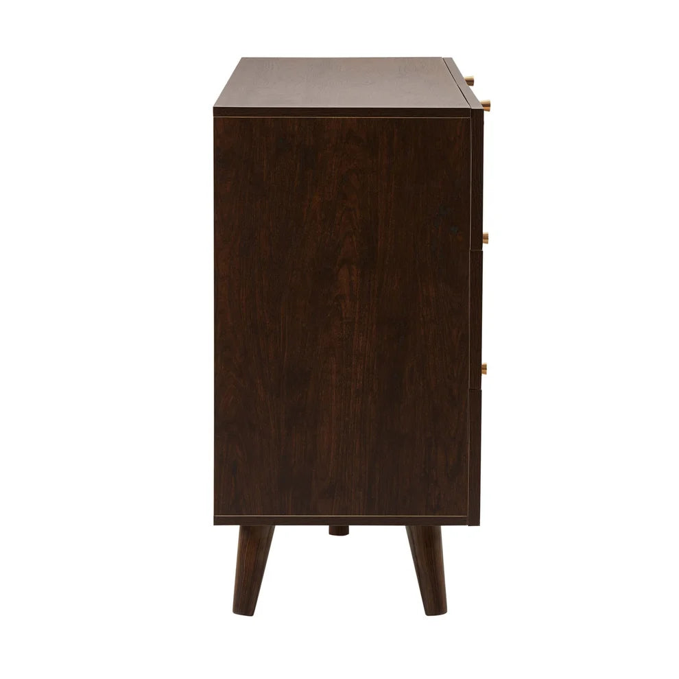 Walnut 6 Drawer Chest with Rattan Front & Carved Detail Furnitell