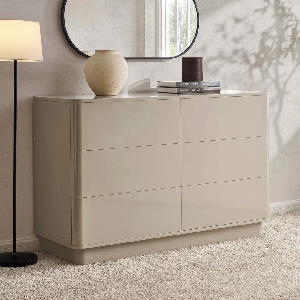 Taupe 6 Drawer Chest with Modern Design & Rounded Edges Furnitell