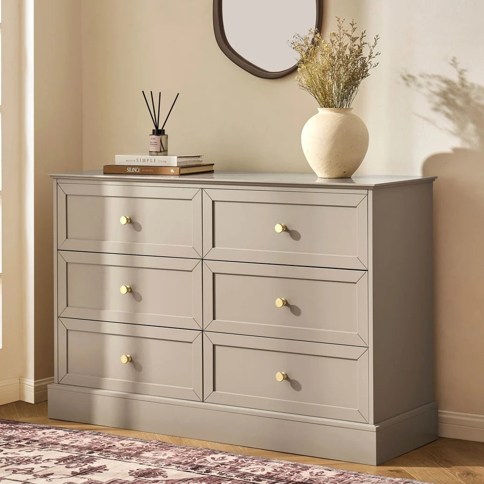 Taupe 6 Drawer Chest with Gold Knobs Furnitell