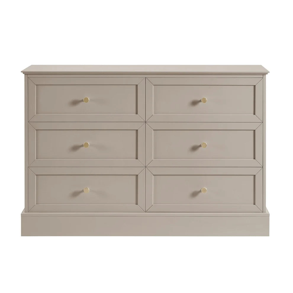 Taupe 6 Drawer Chest with Gold Knobs Furnitell