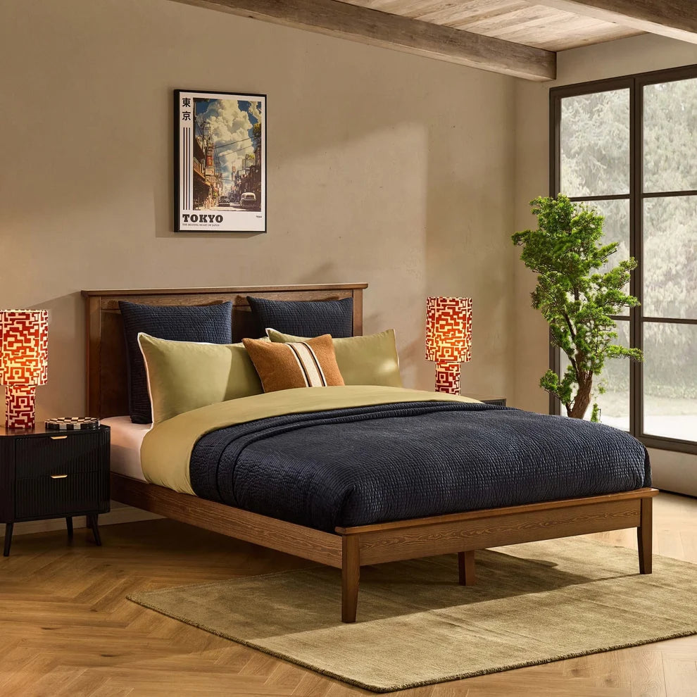 Walnut Brown Wooden Bed with Panel Headboard furnitell