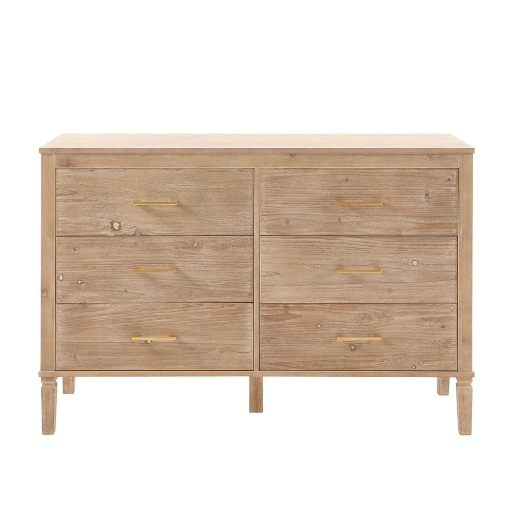 Washed Wood 6 Drawer Chest with Gold Handles & Raised Legs Furnitell
