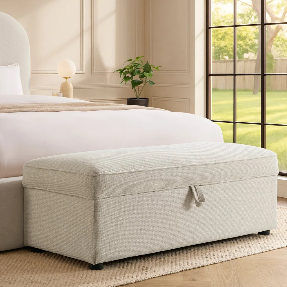 Beige Upholstered Storage Ottoman Bench furnitell