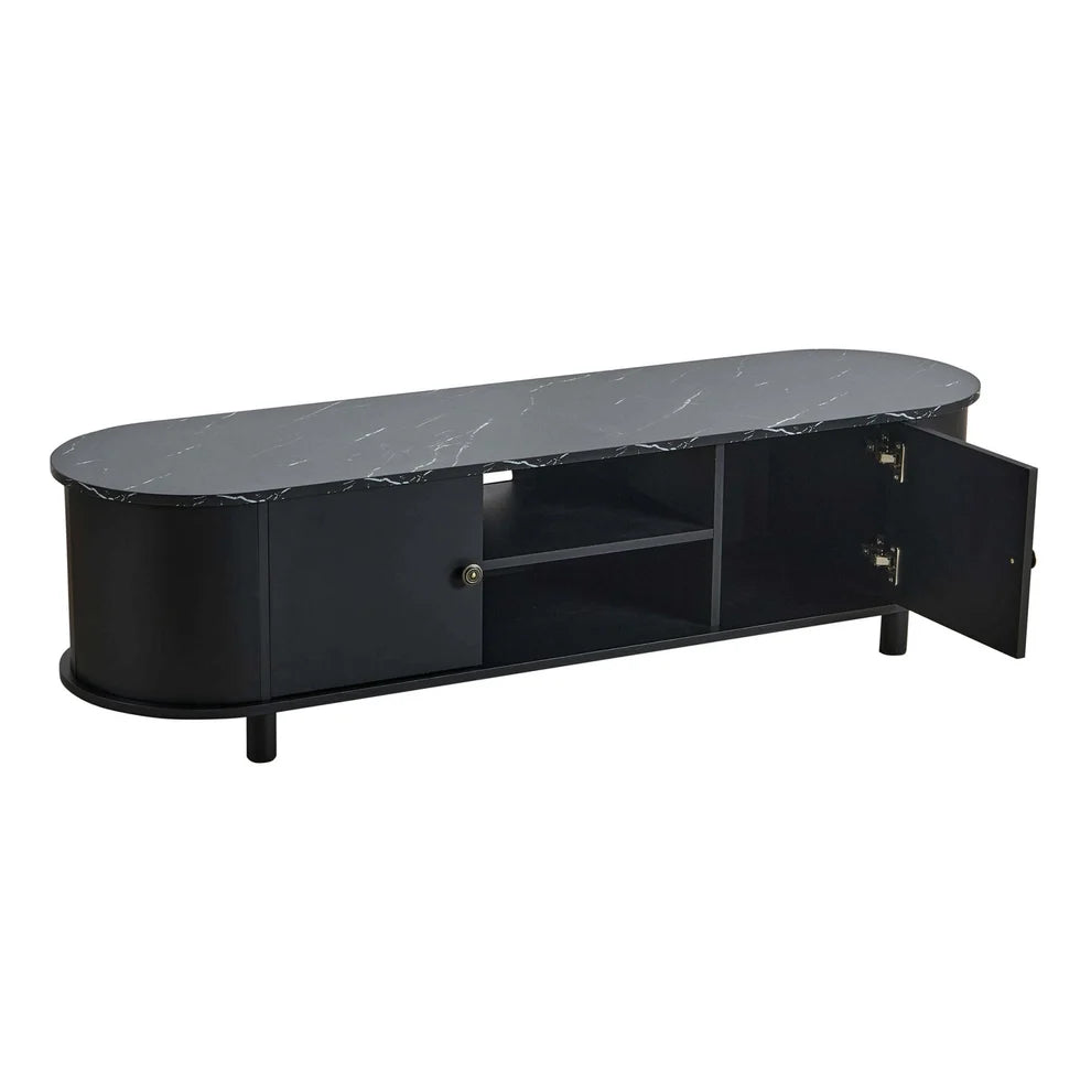 Black Wooden TV Unit with Marble Top, 2 Doors & Open Shelves furnitell