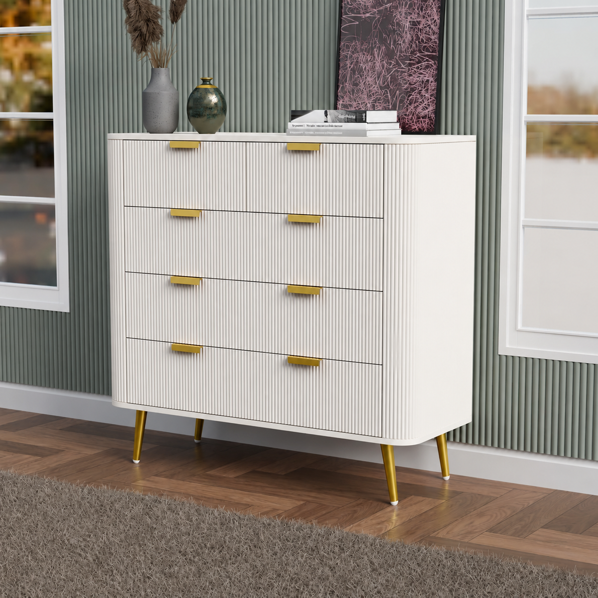 White Fluted 4 Drawer Chest with Golden Handles furnitell