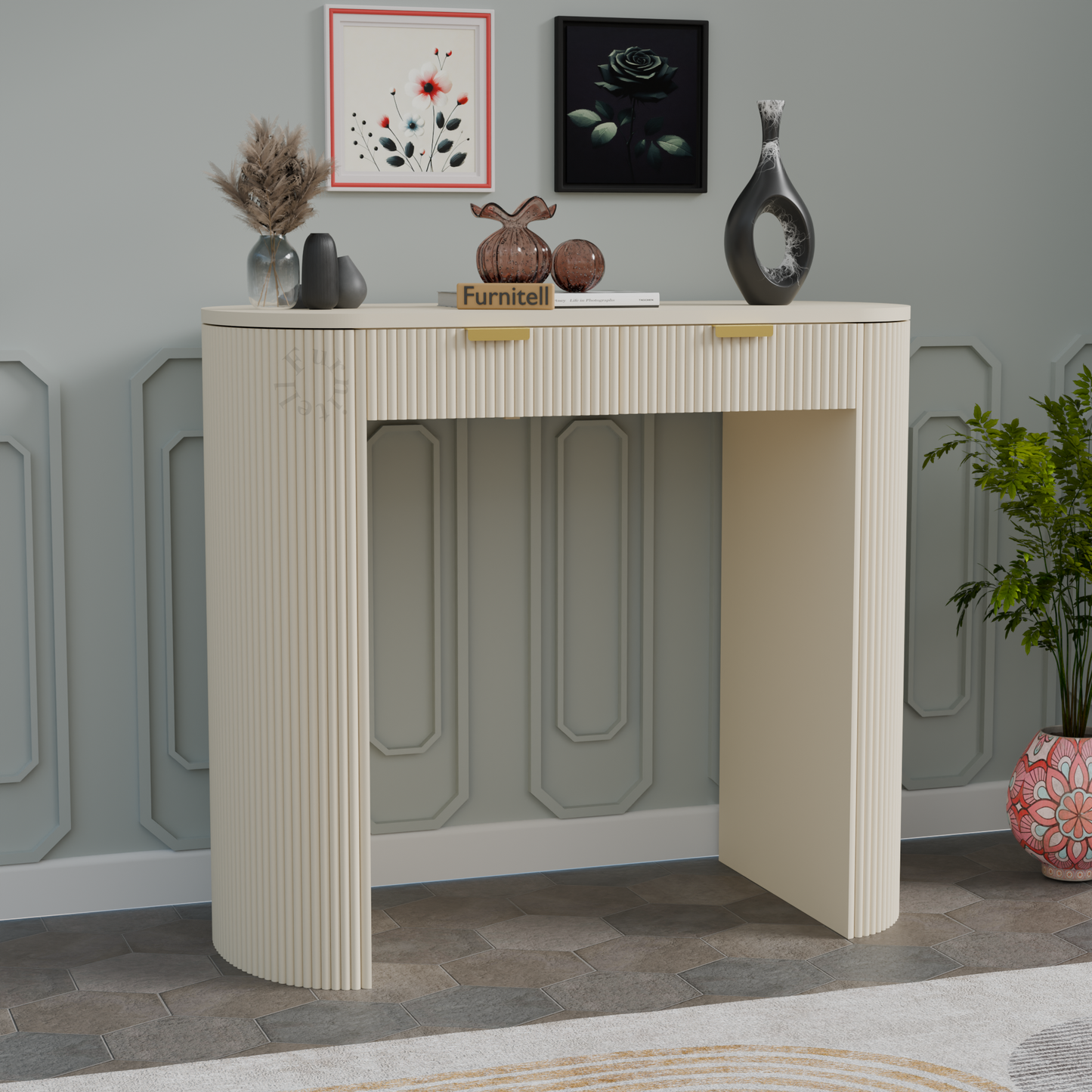 Furnitell Modern Fluted Console Table for Living Room | 5 Year Warranty