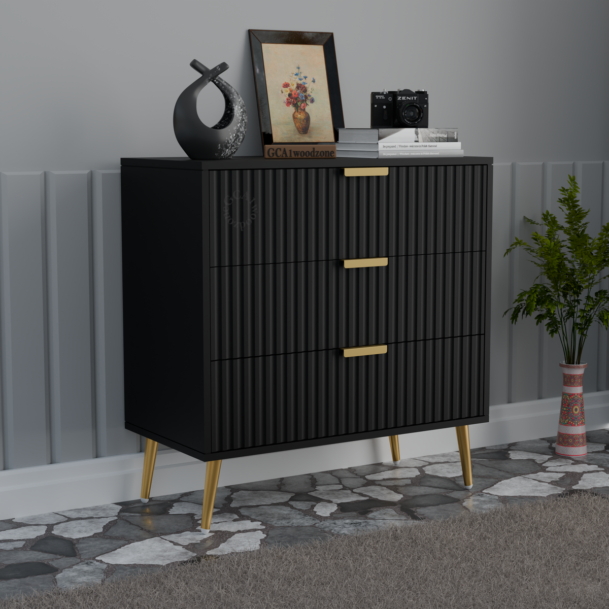 Furnitell  3 Drawer Chestor -black | 5 Years Warranty