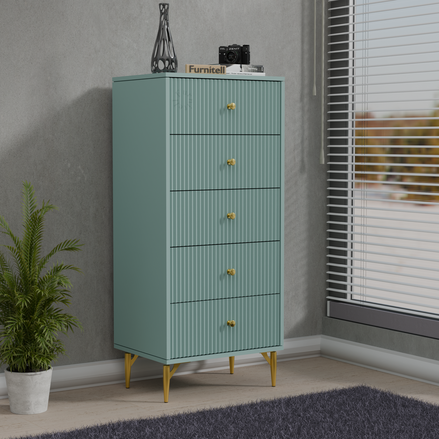 Furnitell 5-Drawer Fluted Tallboy Dresser(Dusty Blue) Furnitell