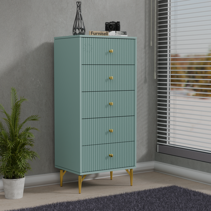 Furnitell 5-Drawer Fluted Tallboy Dresser(Dusty Blue) Furnitell