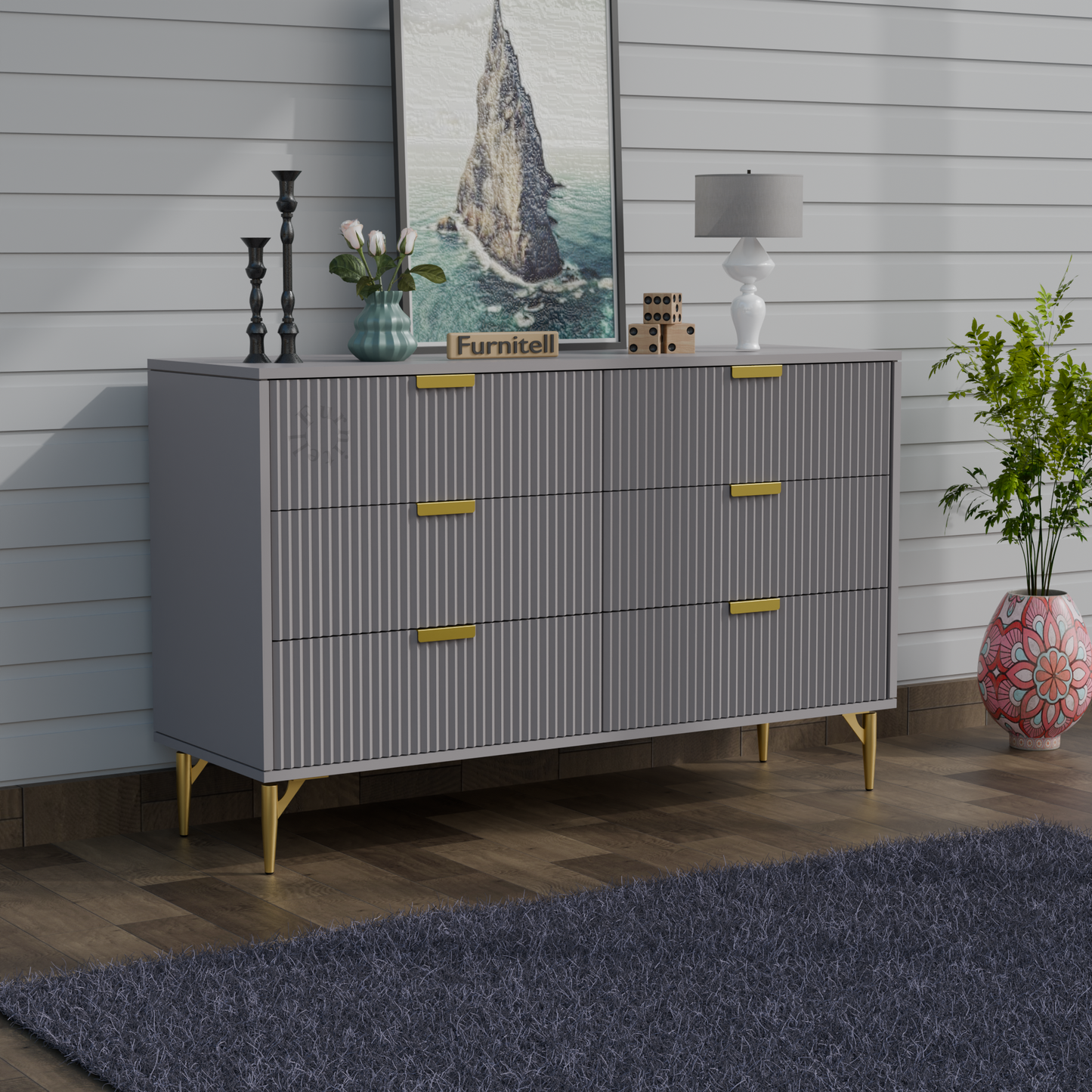 Fluted 6-Drawer Dresser – Sleek Gray & Gold Furnitell