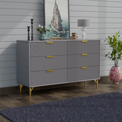 Fluted 6-Drawer Dresser – Sleek Gray & Gold Furnitell