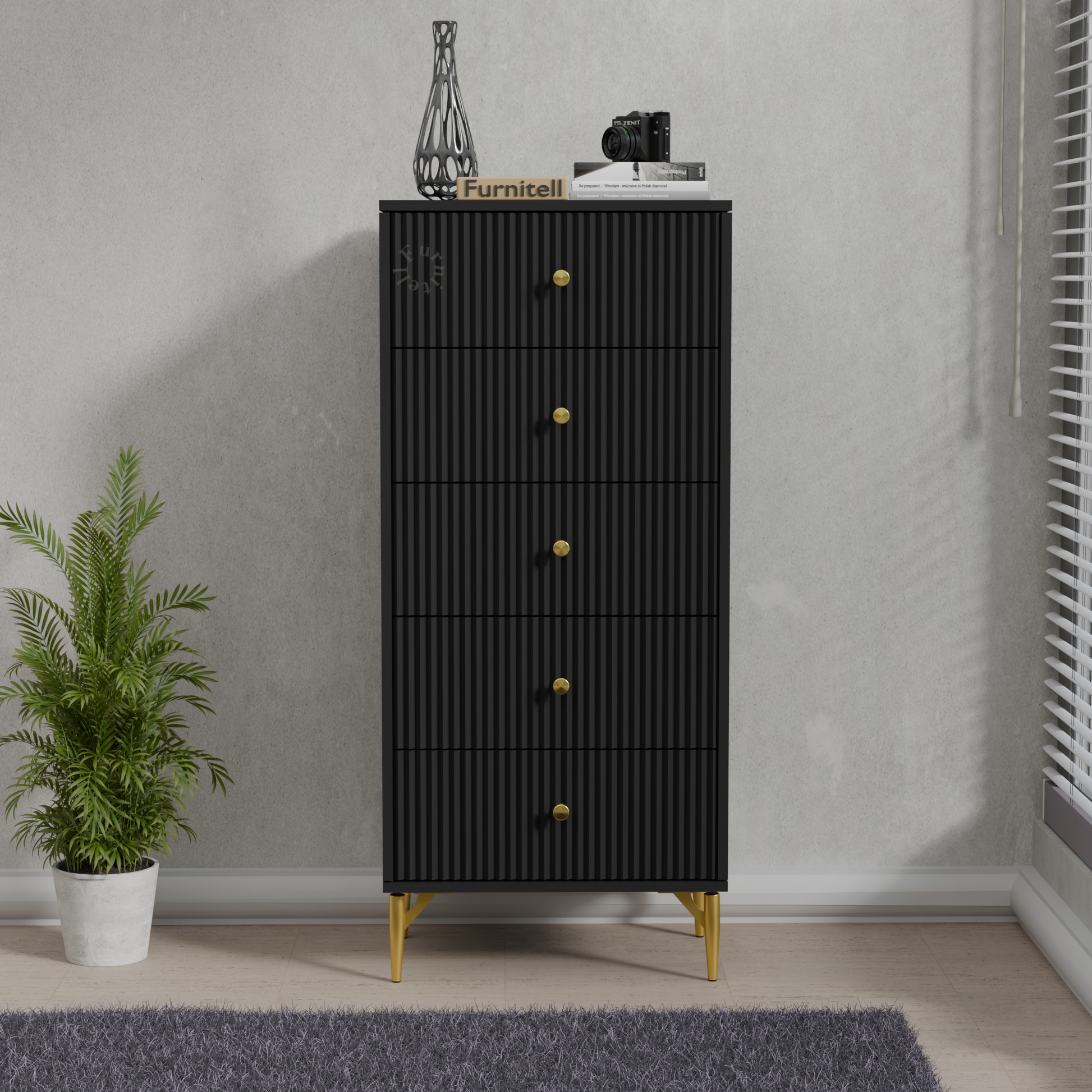 Furnitell 5-Drawer Fluted Tallboy Dresser(Matte Black) Furnitell