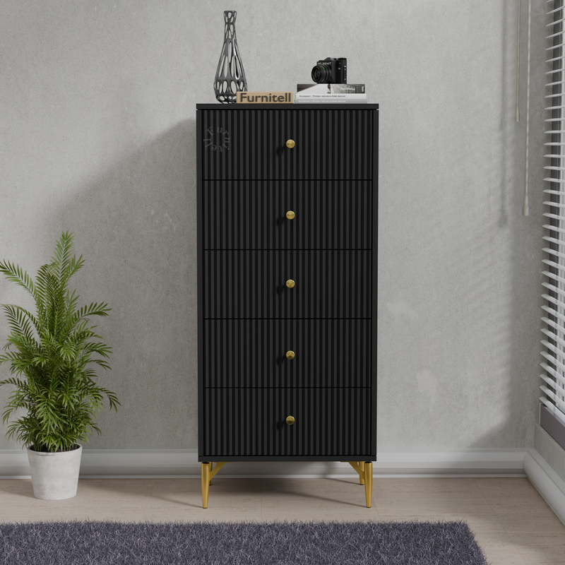 Furnitell 5-Drawer Fluted Tallboy Dresser(Matte Black)