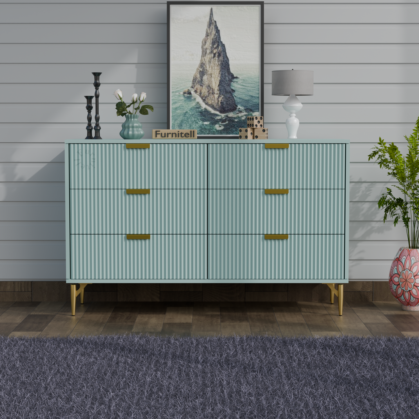 Fluted 6-Drawer Dresser – Dusty Blue & Gold Furnitell