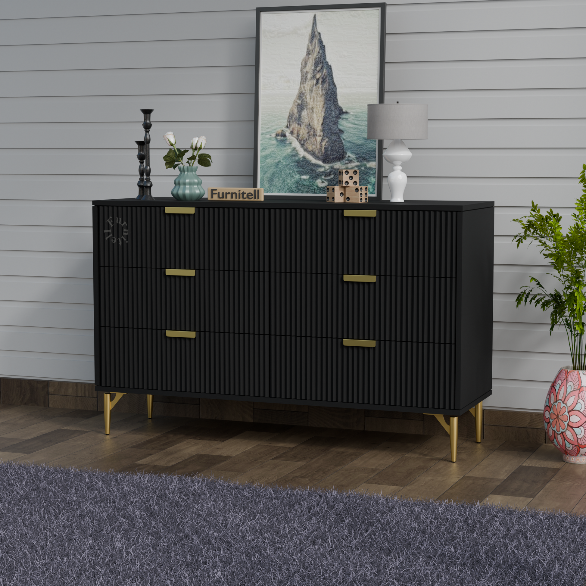 Fluted 6-Drawer Dresser – Matte Black & Gold Furnitell
