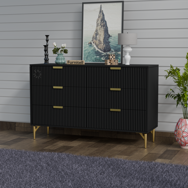 Fluted 6-Drawer Dresser – Matte Black & Gold