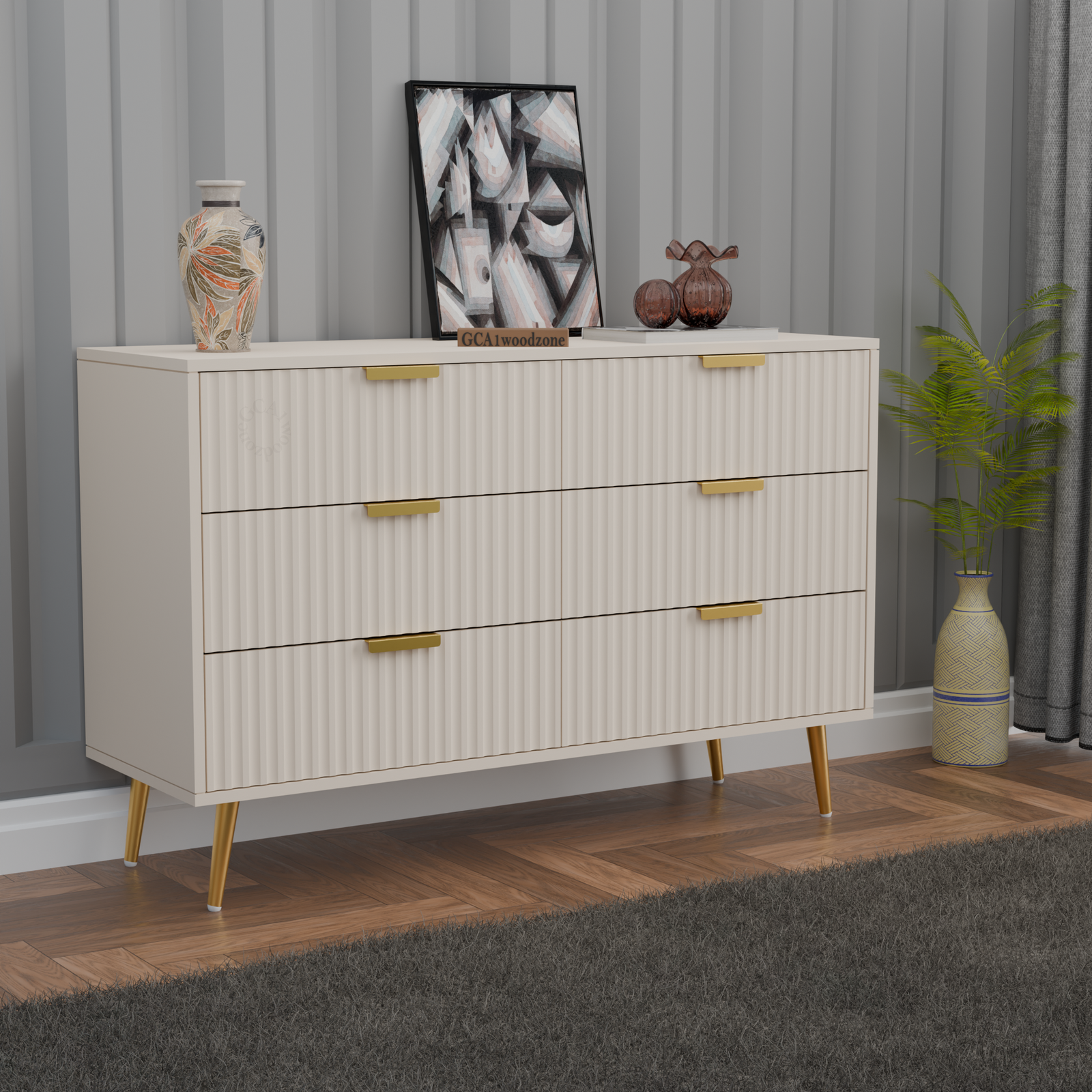 Modern Fluted 6-Drawer Dresser – WHITE & Gold Elegant Storage Console Furnitell