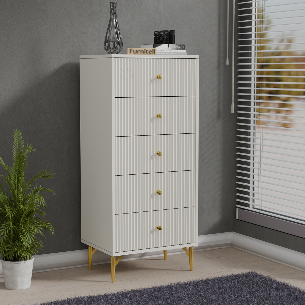 Furnitell 5-Drawer Fluted Tallboy Dresser(Chic White) Furnitell