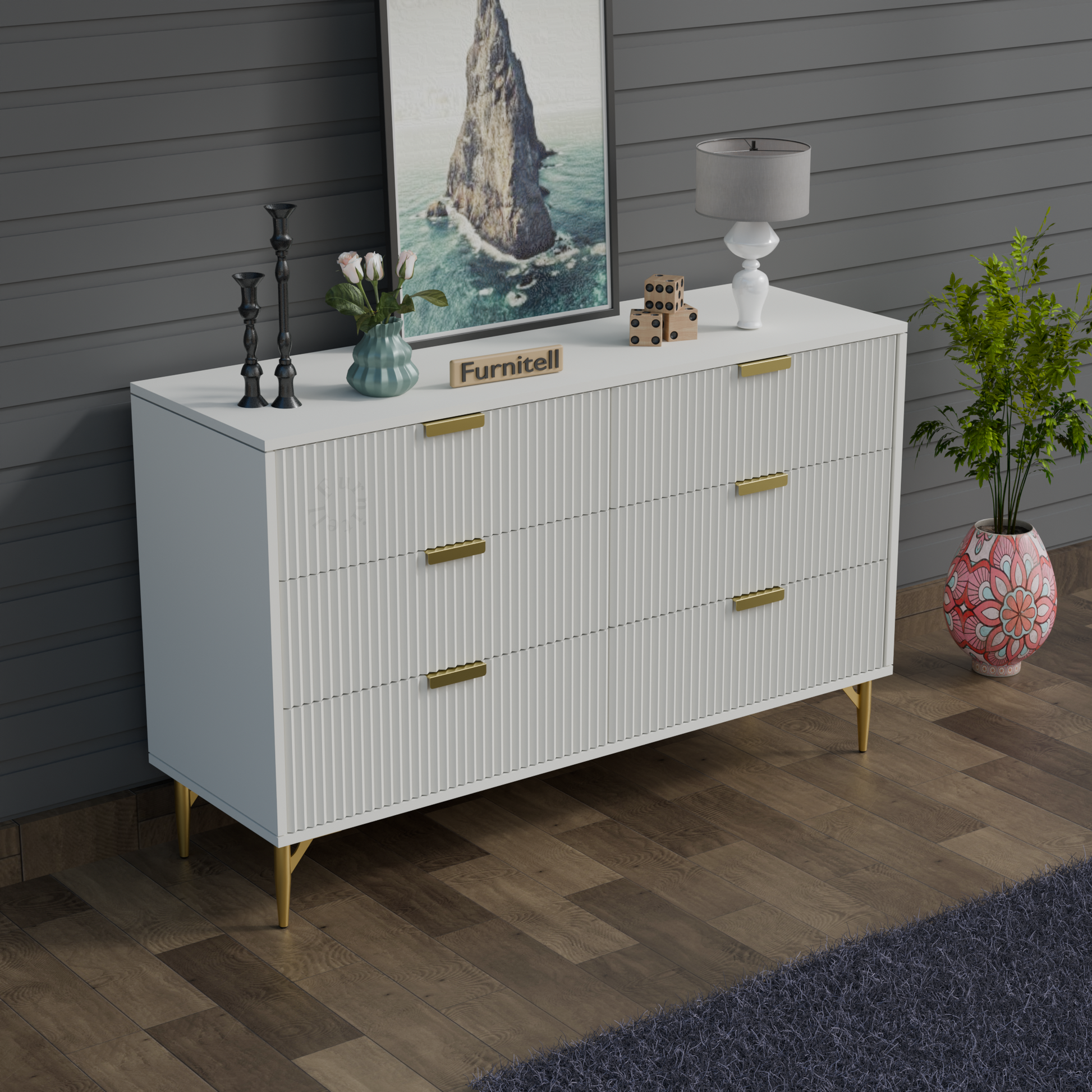 Fluted 6-Drawer Dresser – Crisp White & Gold Furnitell