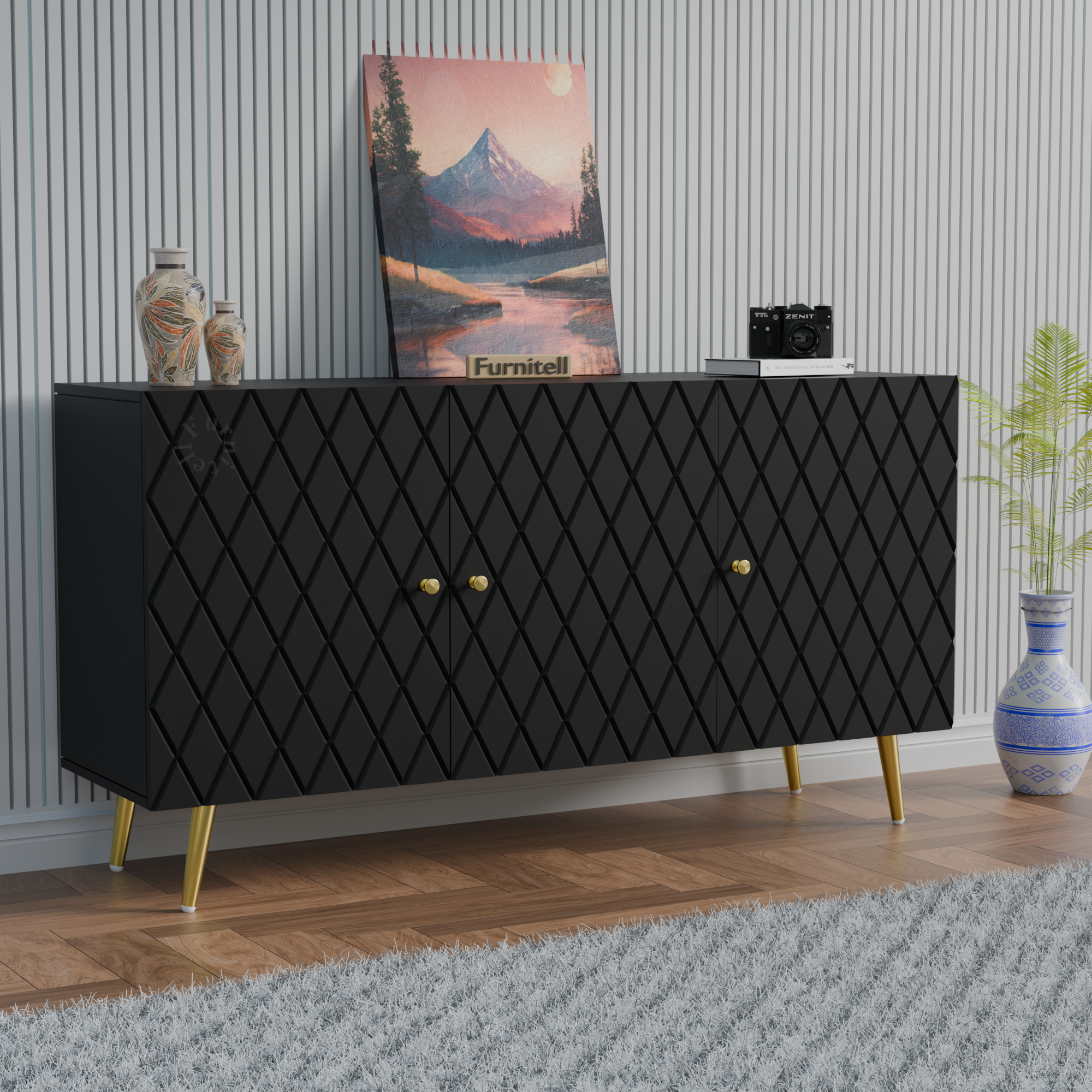 Furnitell Black Diamond Pattern Sideboard Cabinet Furnitell