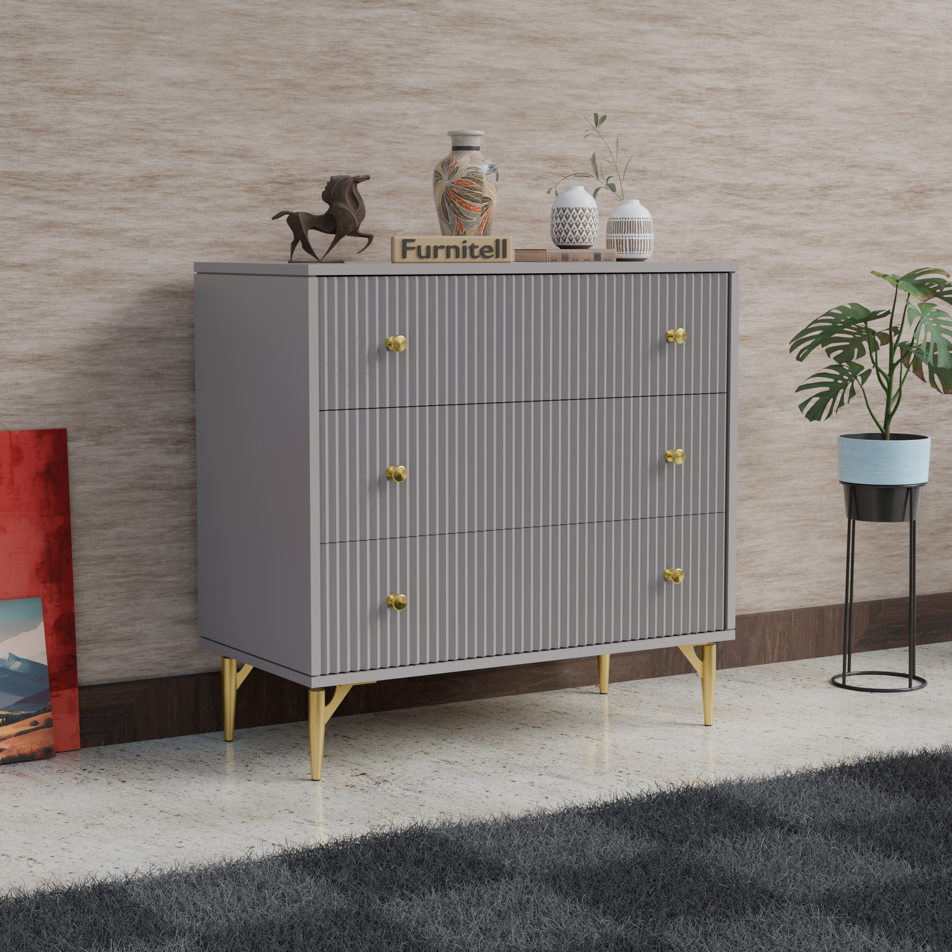 Furnitell Modern 3-Drawer Fluted Chest – Contemporary Grey Furnitell