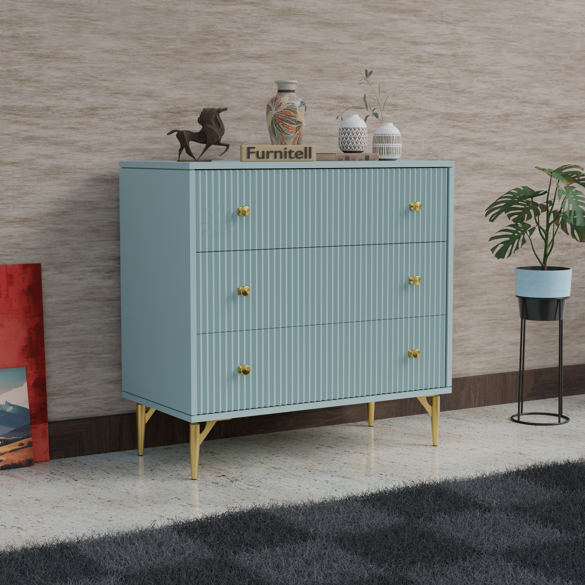 Furnitell Aurelia 3-Drawer Accent Chest – Fluted Light Blue Furnitell