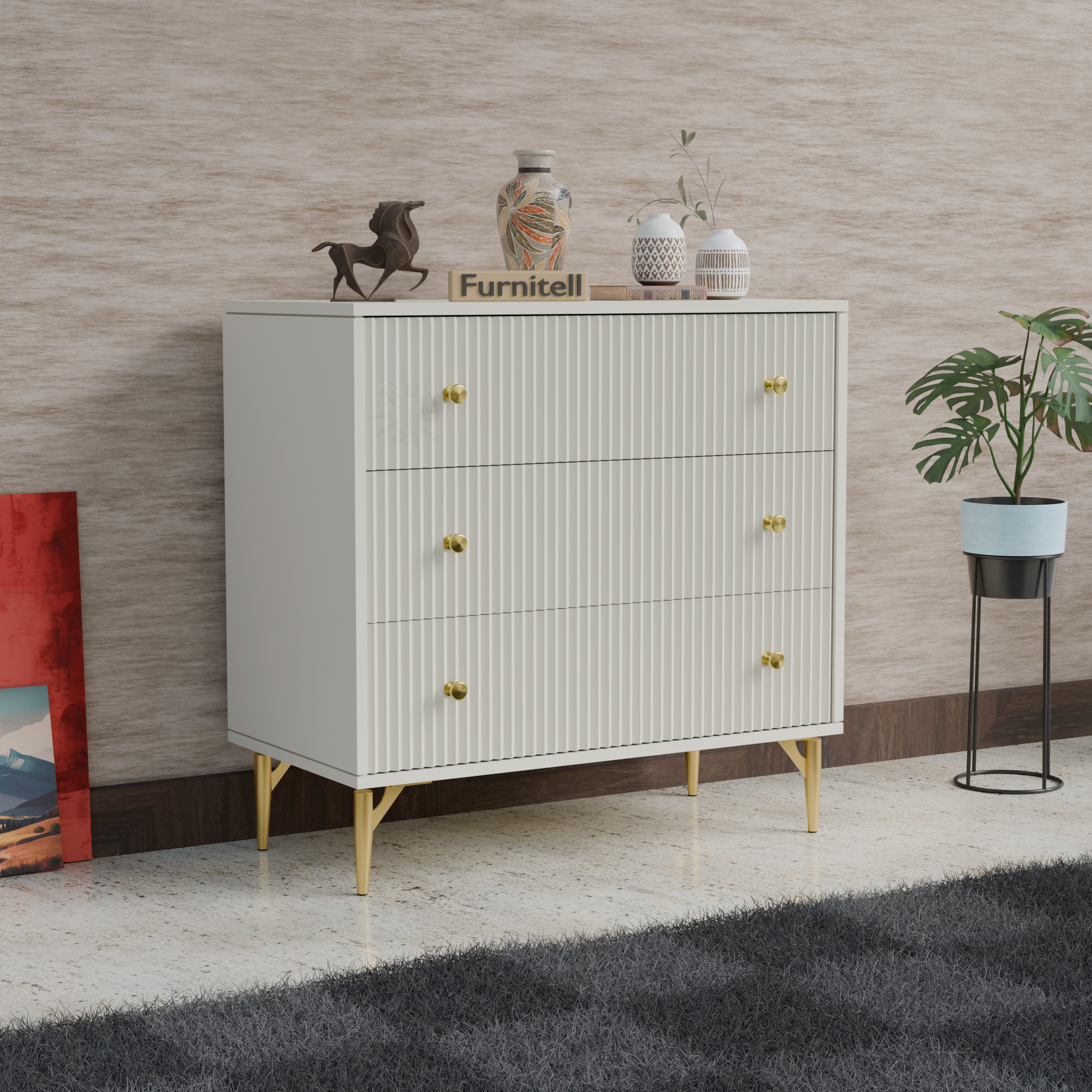 Furnitell Clara 3-Drawer Fluted Dresser – White & Gold Furnitell