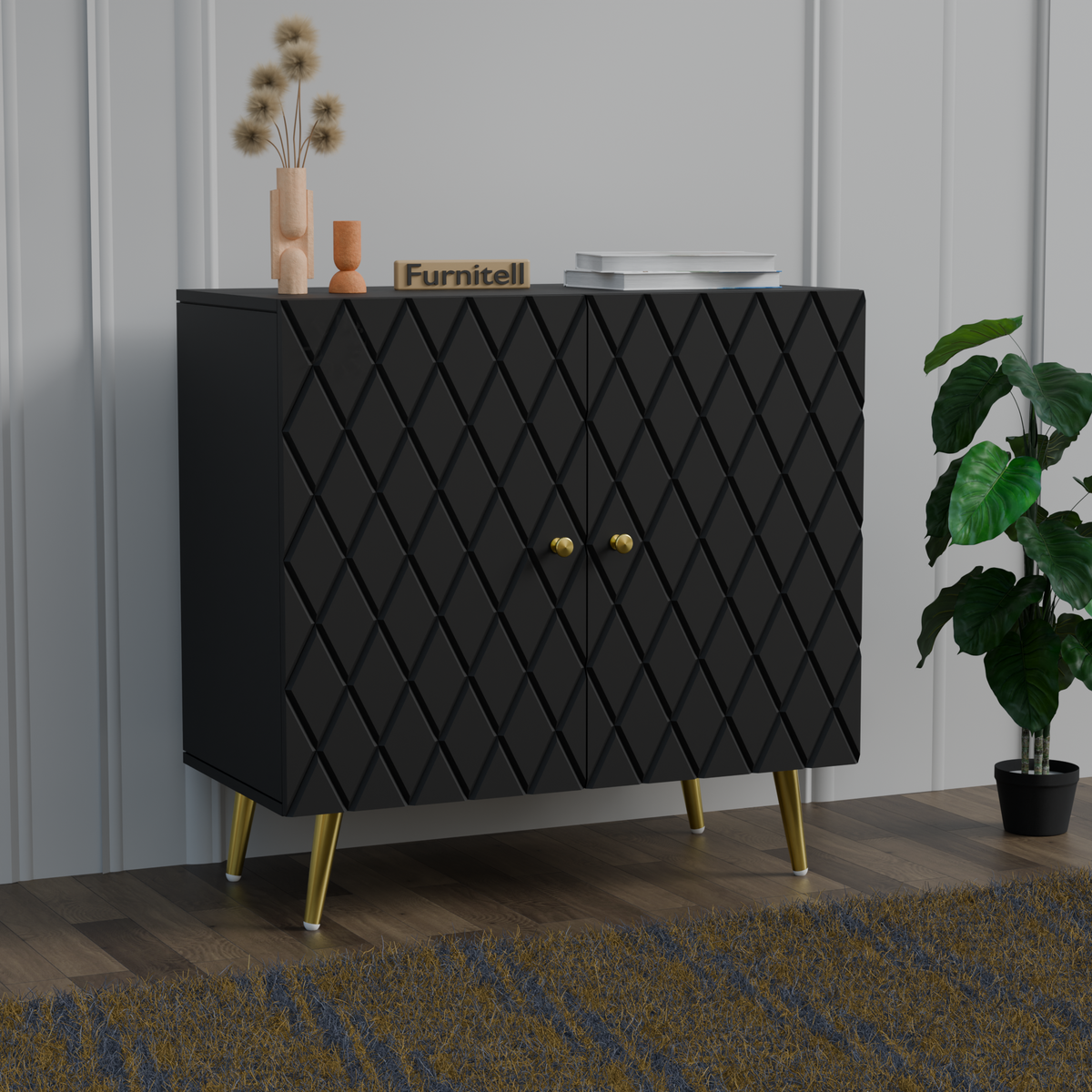 Black Geometric Wooden 2 Door Sideboard with Gold Legs Furnitell