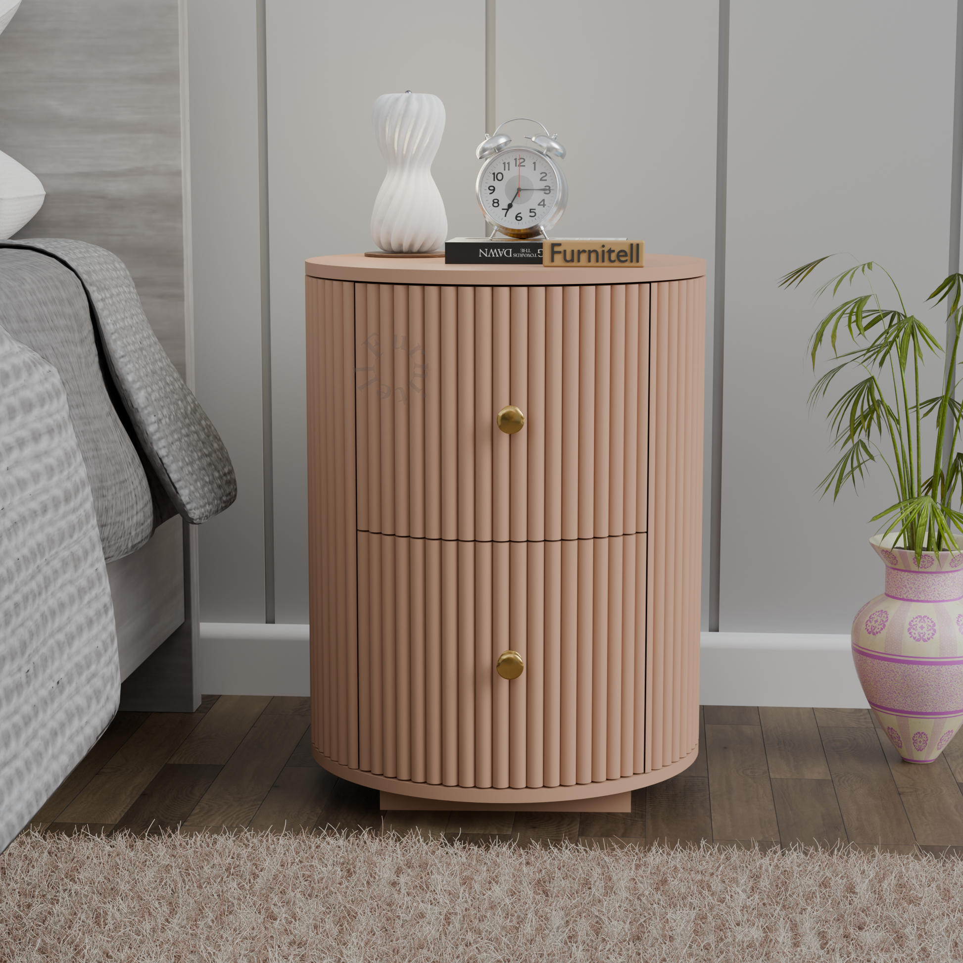 FURNITELL BED SIDE TABEL,TWO SPACIOUS DRAWER-BEIGE Furnitell