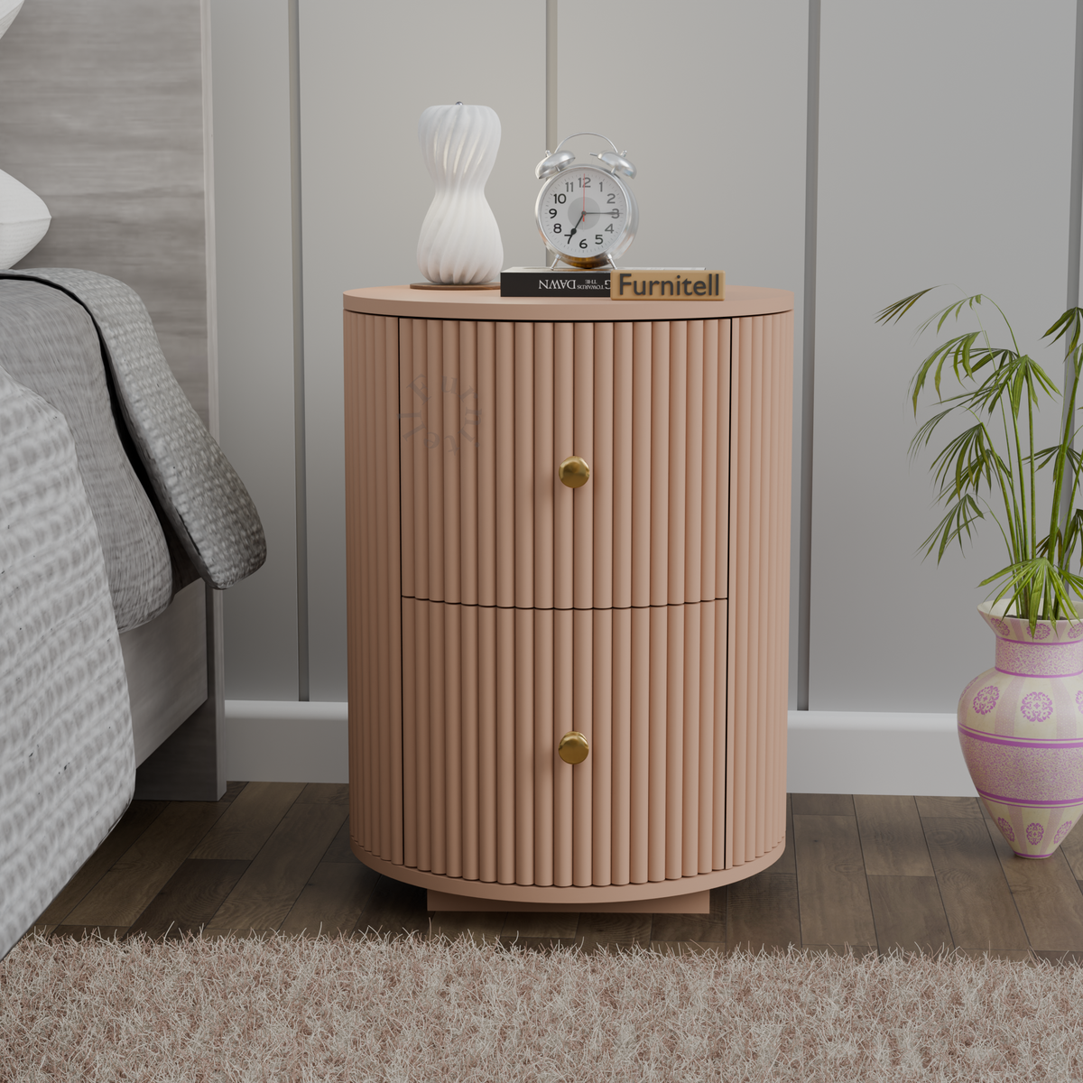 FURNITELL BED SIDE TABEL,TWO SPACIOUS DRAWER-BEIGE Furnitell