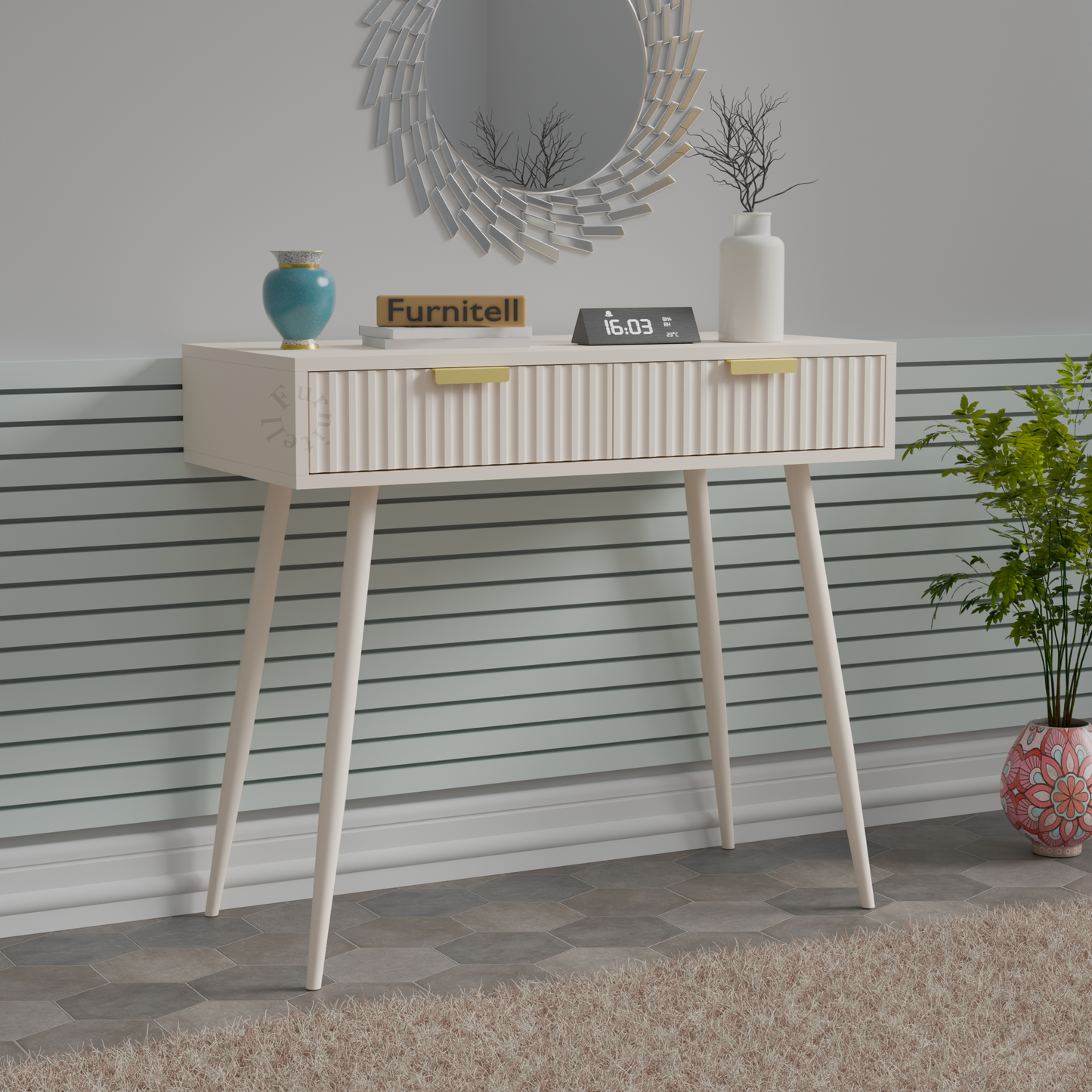 Furnitell Modern Fluted Console Table with Drawer | 5 Year Warranty