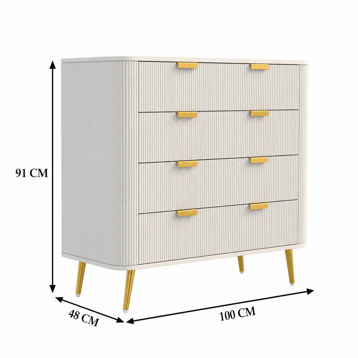 White Fluted 4 Drawer Chest with Golden Handles furnitell