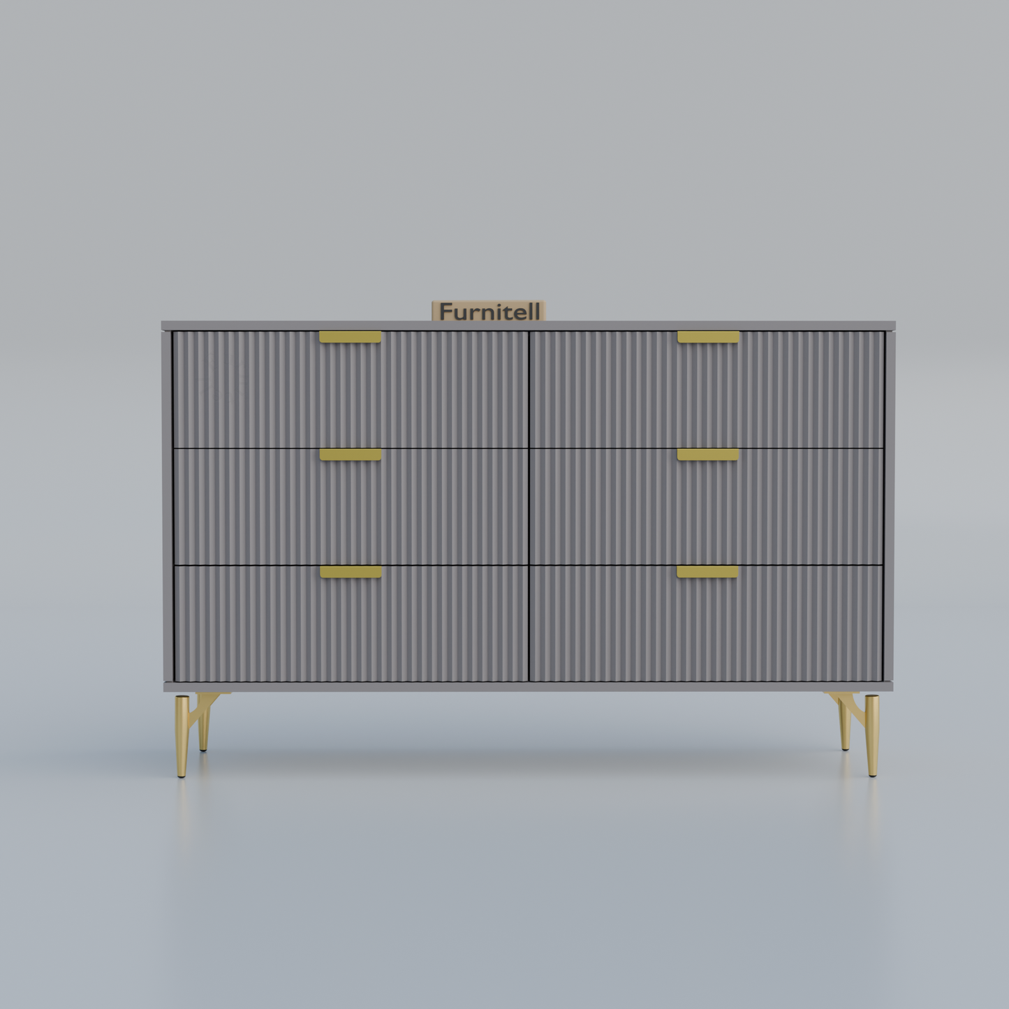 Fluted 6-Drawer Dresser – Sleek Gray & Gold Furnitell