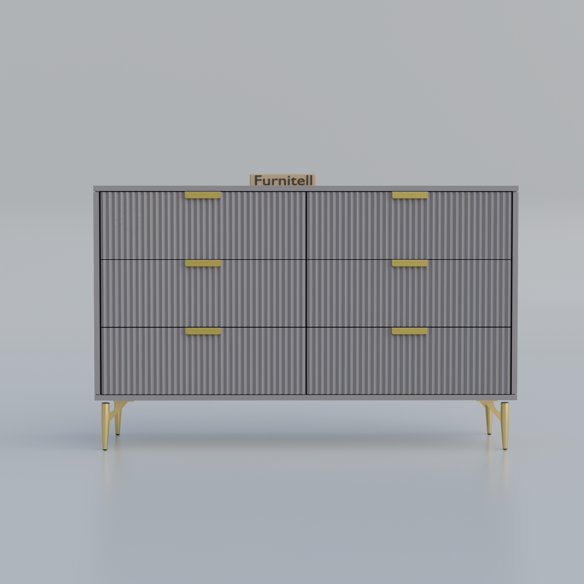 Fluted 6-Drawer Dresser – Sleek Gray & Gold Furnitell