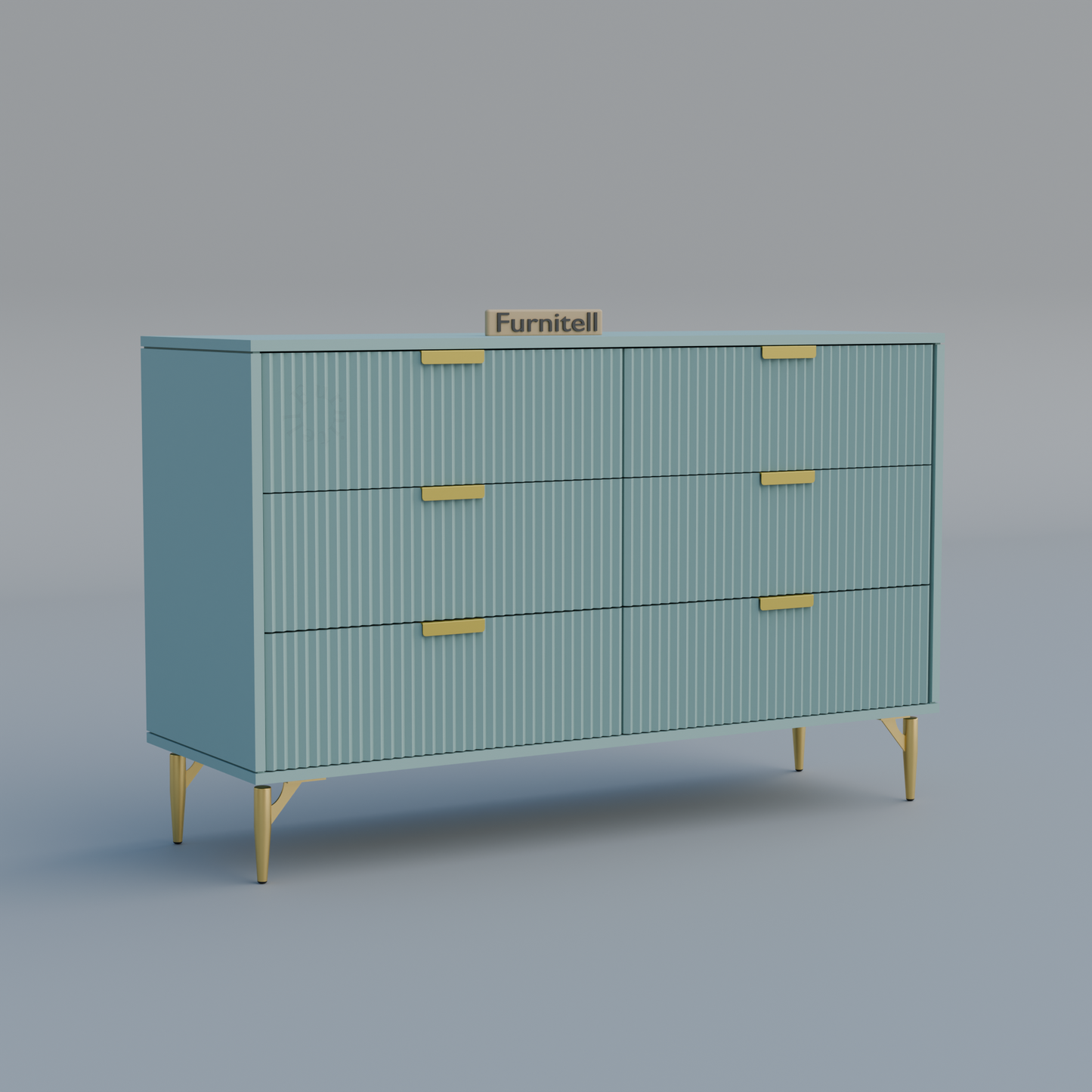 Fluted 6-Drawer Dresser – Dusty Blue & Gold Furnitell