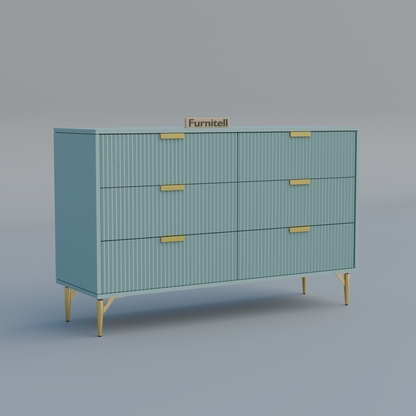 Fluted 6-Drawer Dresser – Dusty Blue & Gold Furnitell