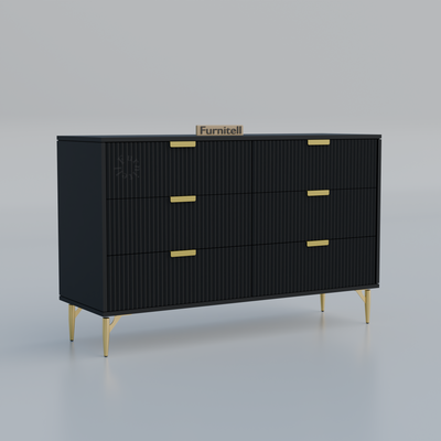 Fluted 6-Drawer Dresser – Matte Black & Gold Furnitell