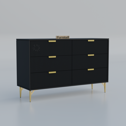 Fluted 6-Drawer Dresser – Matte Black & Gold Furnitell