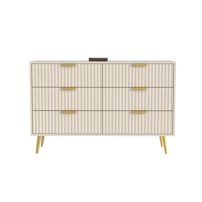 Modern Fluted 6-Drawer Dresser – WHITE & Gold Elegant Storage Console Furnitell