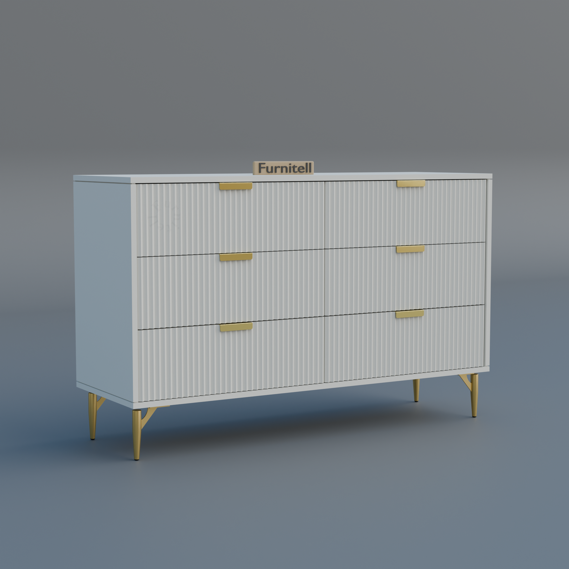 Fluted 6-Drawer Dresser – Crisp White & Gold Furnitell
