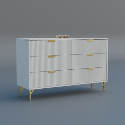 Fluted 6-Drawer Dresser – Crisp White & Gold Furnitell